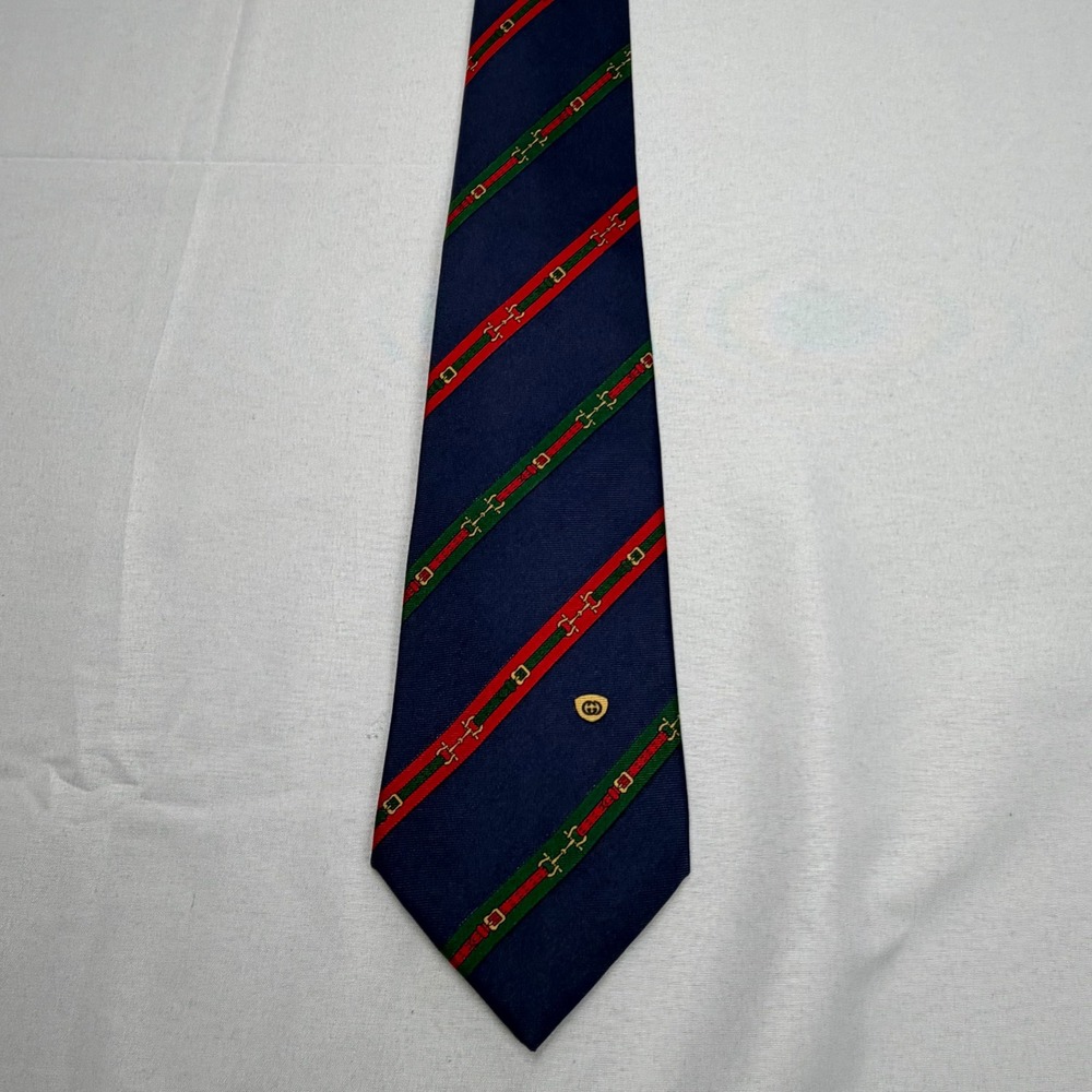 Gucci Necktie Mens 60" x 3.25"Blue Red Green Web Stripe Belt Horsebit Silk Italy